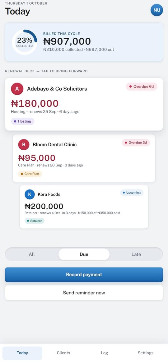RenewalDesk Today: billed this cycle, and overdue renewals with days late